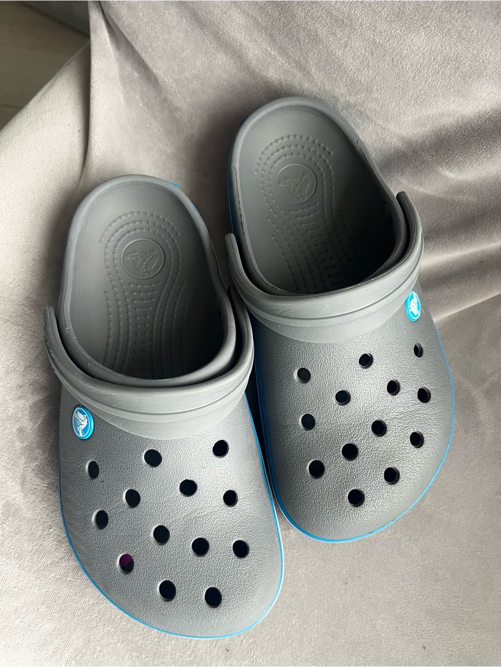 CROCS Gray Clogs with Blue Edge Trim